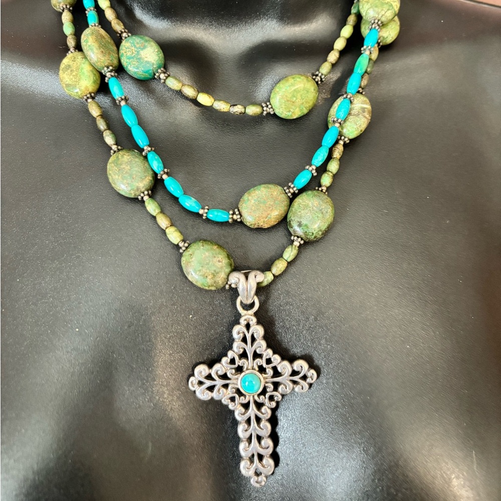 Barse 925 Thai Sterling Silver Cross Necklace - Turquoise and green Stone